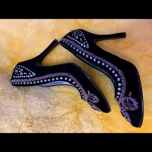 Colin Stuart black velvet jeweled pumps